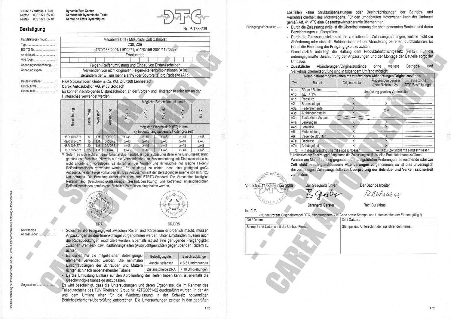 Perizia DTC P-1783/06 relativa al set DR Perizia DTC P-1783/06 relativa al set DR