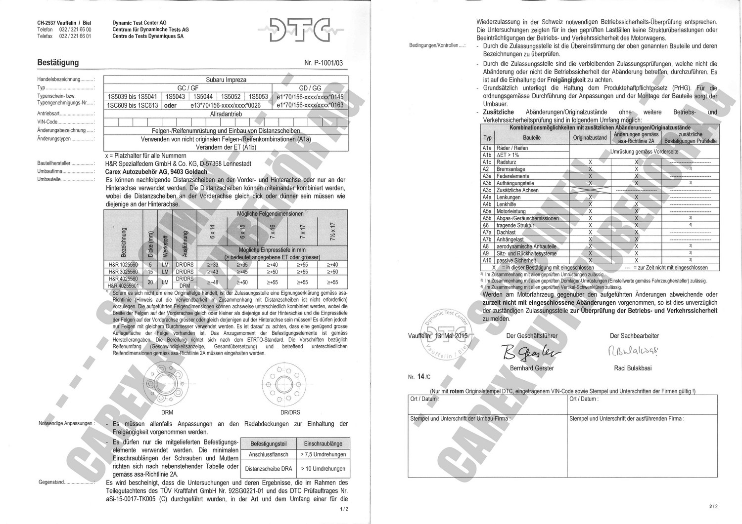 Perizia DTC P-1001/03 relativa al set DR
