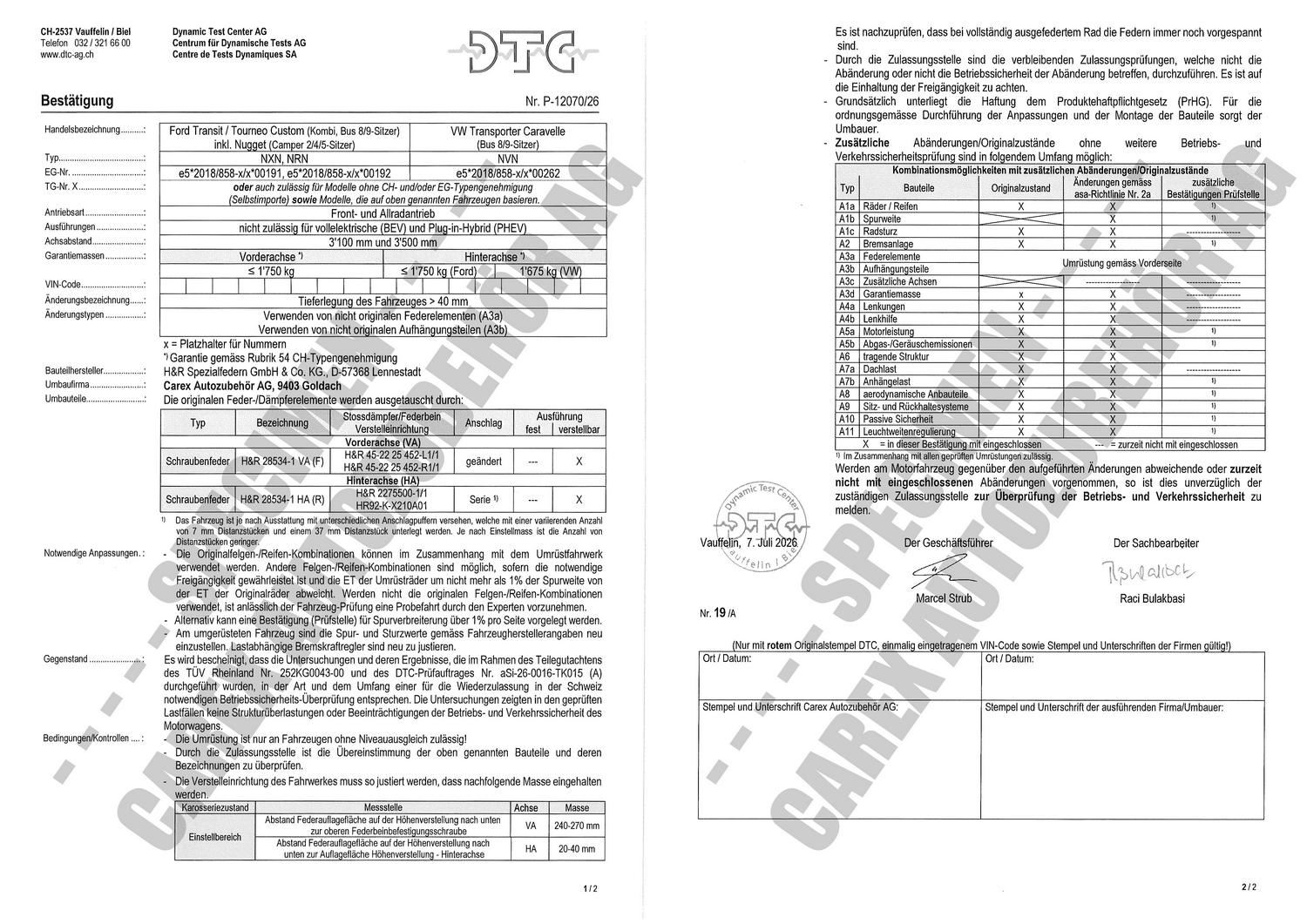 DTC-Gutachten P-12070/26 für Gewindefahrwerk