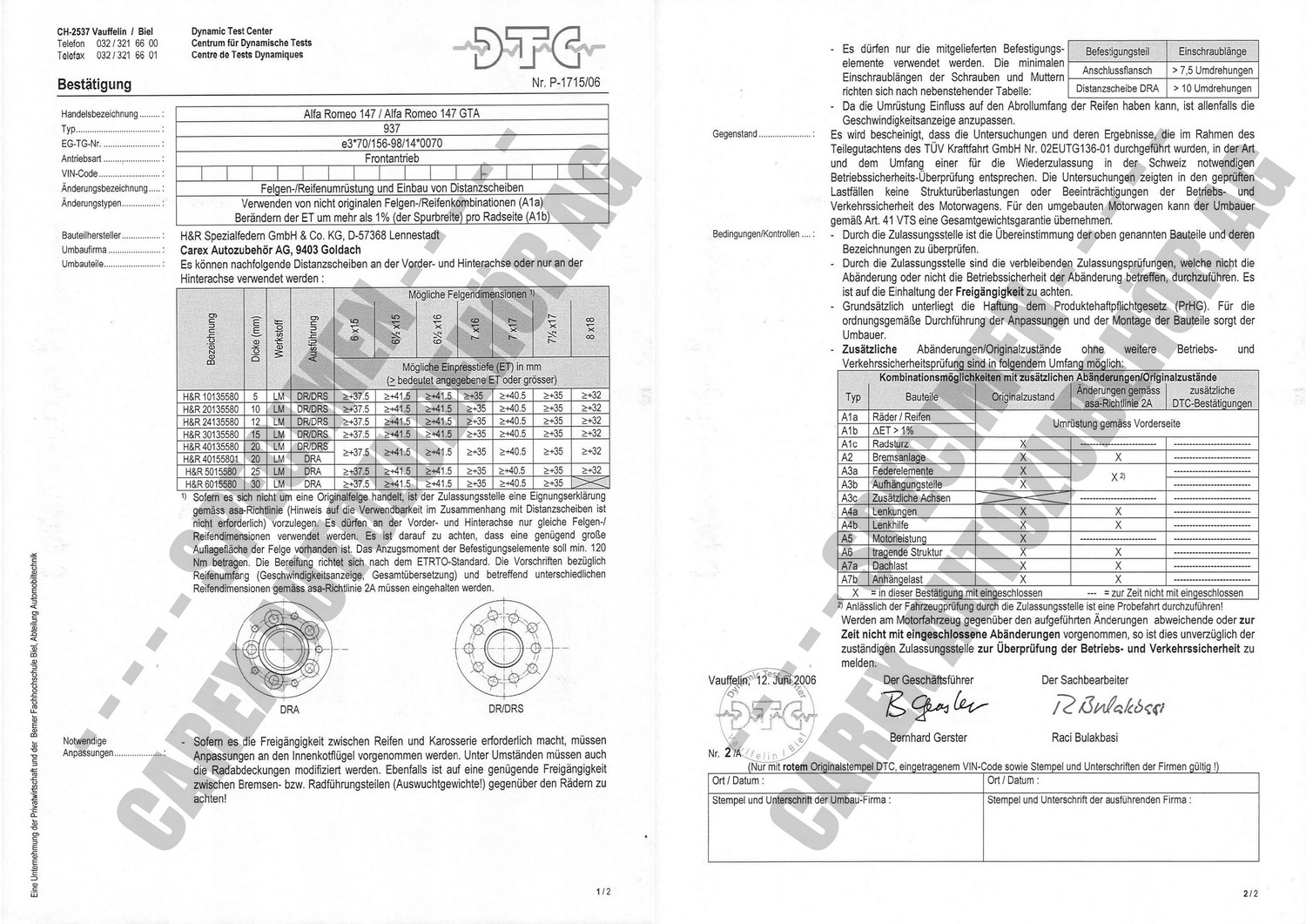 Perizia DTC P-1715/06 relativa al set DR Perizia DTC P-1715/06 relativa al set DR