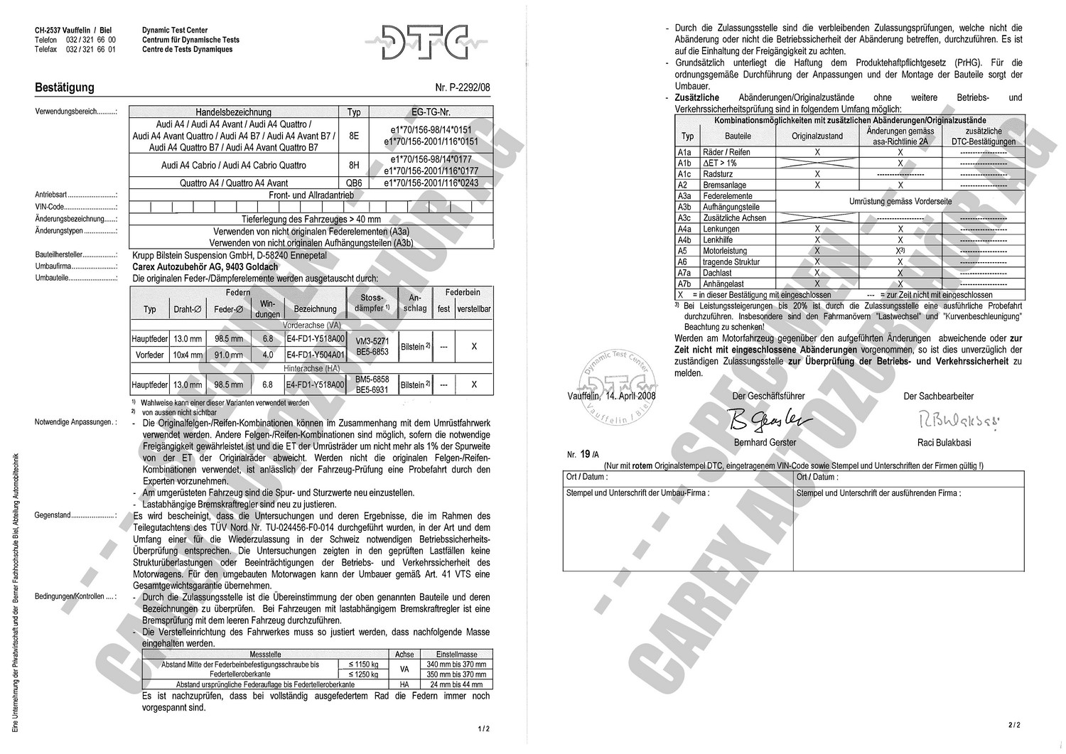 DTC-Gutachten P-2292/08 zu BI-GFW. B14+B16 DTC-Gutachten P-2292/08 zu BI-GFW. B14+B16