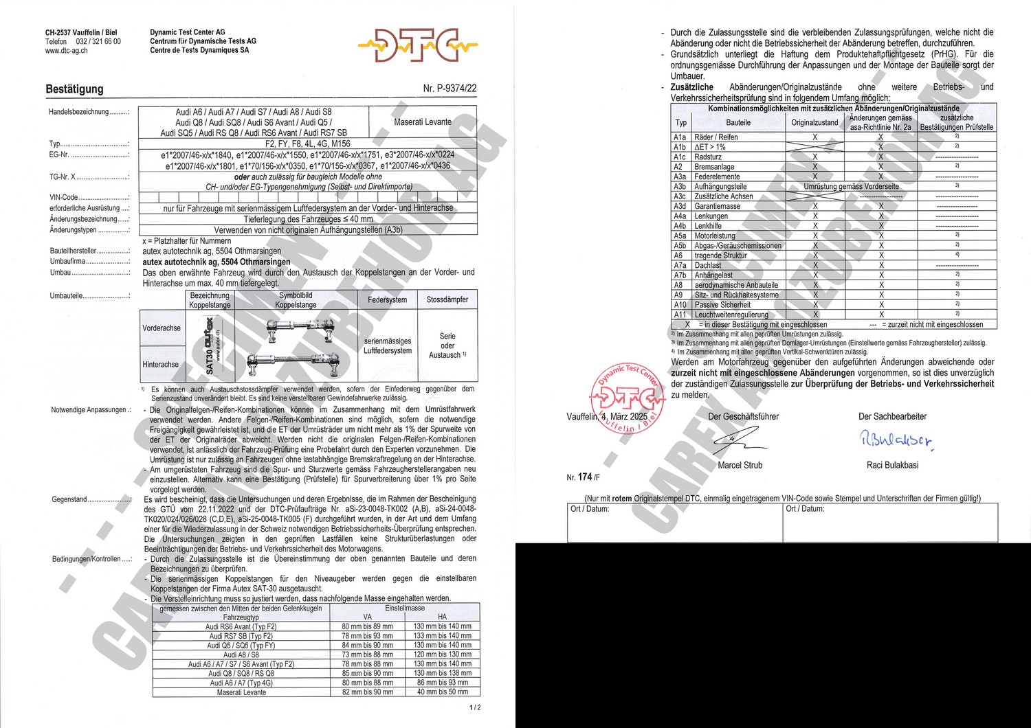 DTC Gutachten, div. Audi, Maserati DTC Gutachten, div. Audi, Maserati