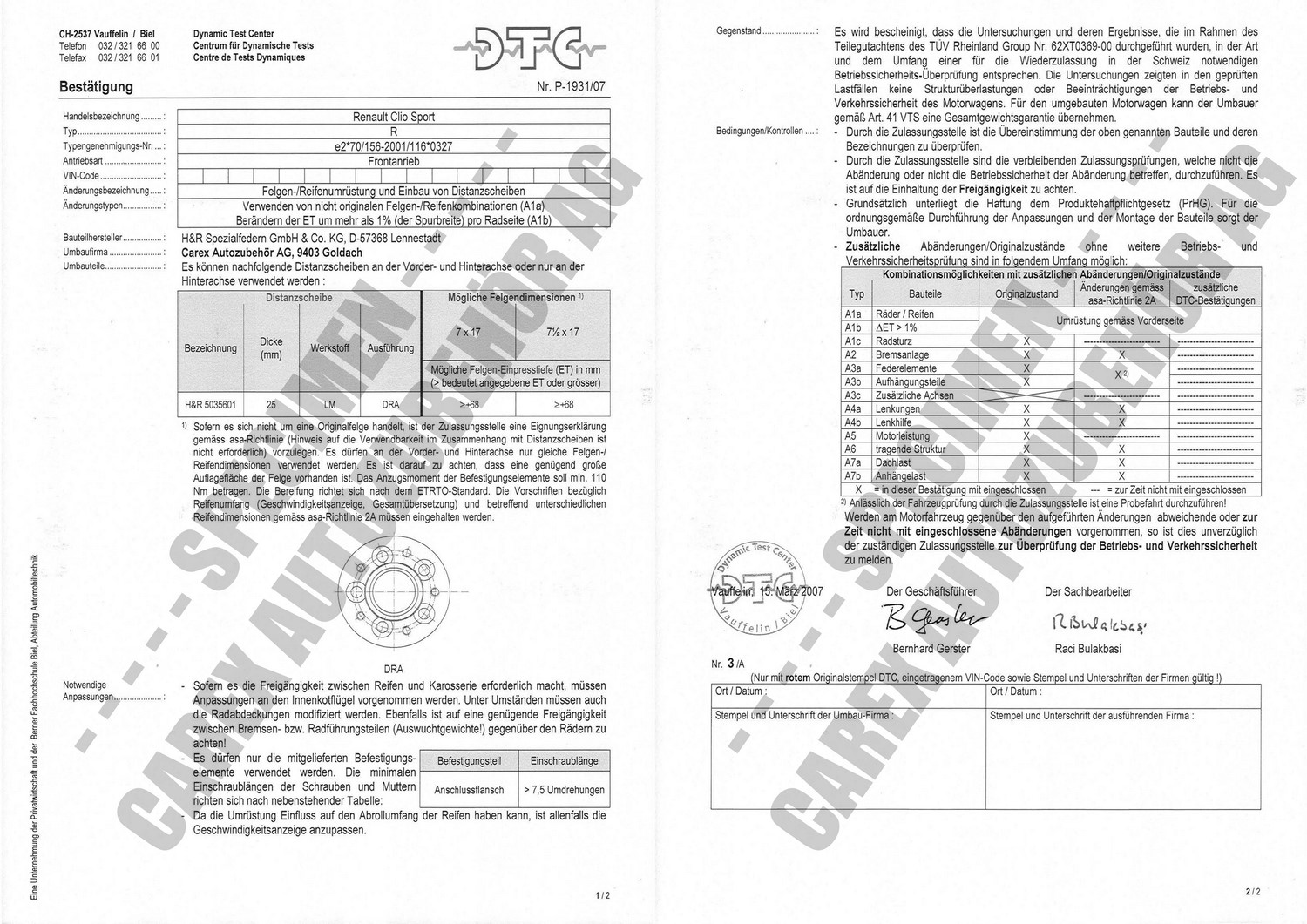 Perizia DTC P-1931/07 relativa al set DR